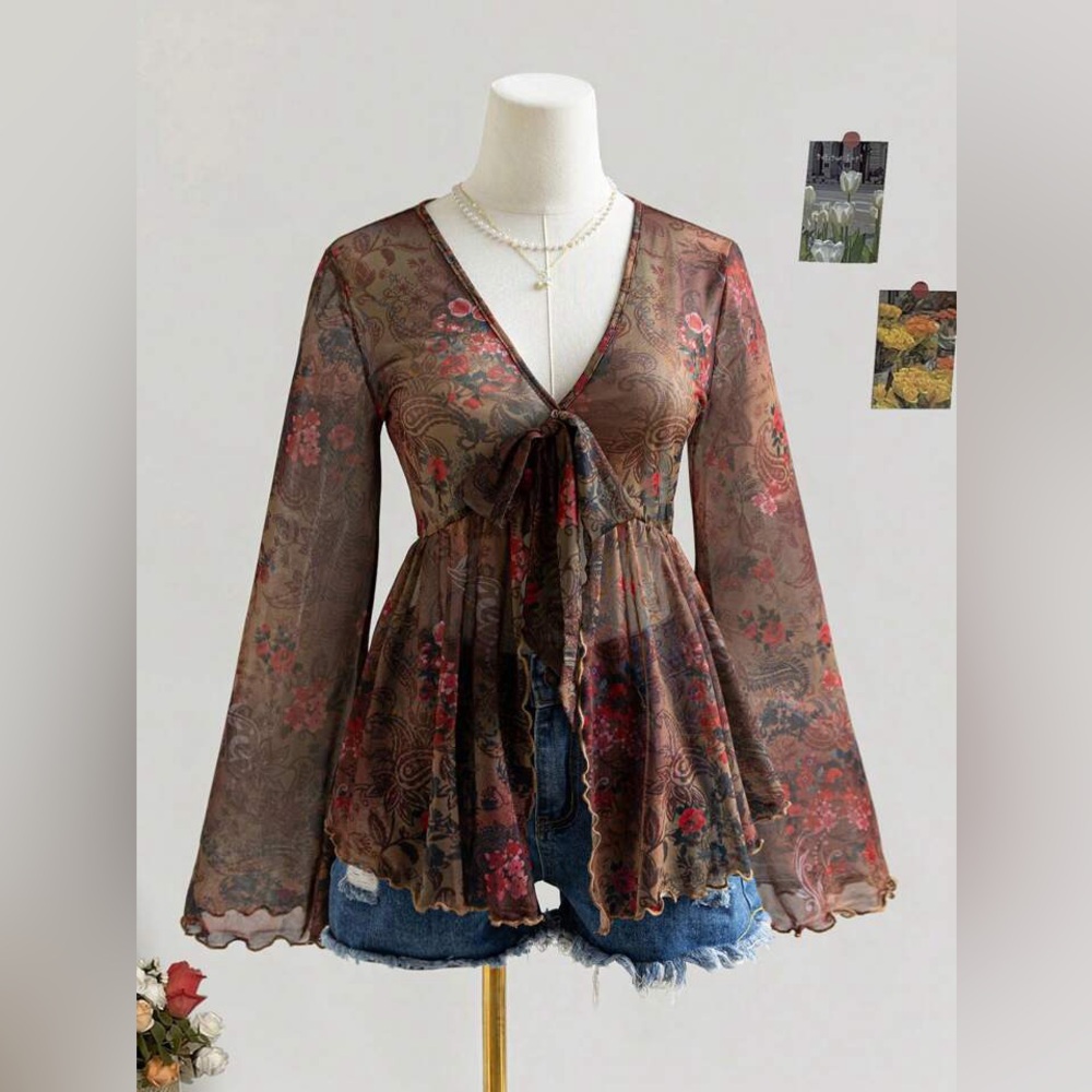 SHEIN Brown Sheer Floral Tie-Front Peplum Tunic with Red Accents